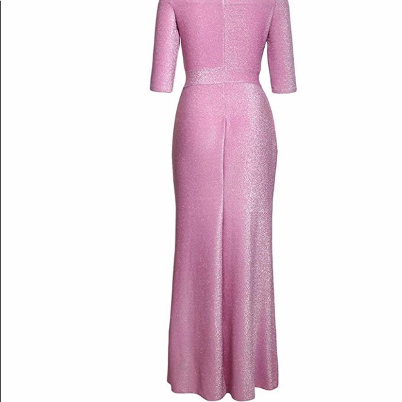 Off Shoulder Metallic Knit High Slit Evening Dress - Picture 4 of 8